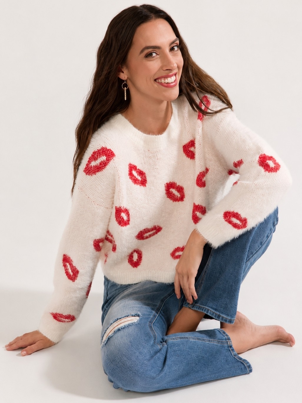 Pink Rose White Crewneck Sweater with Red Lip Motif